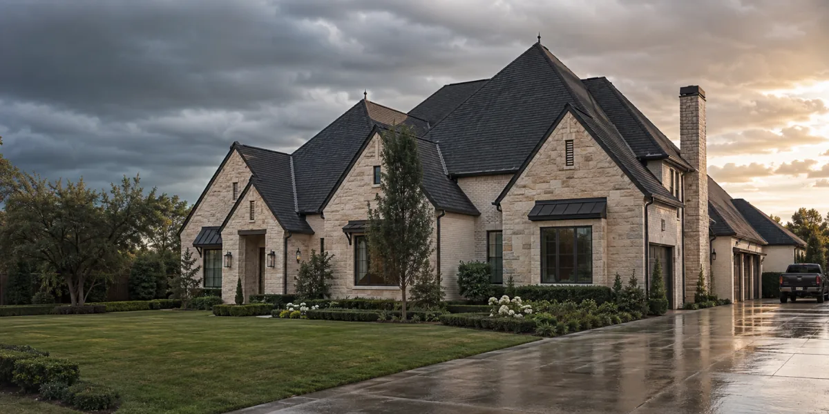 Large stone residence with a dark architectural roof beneath clearing storm clouds